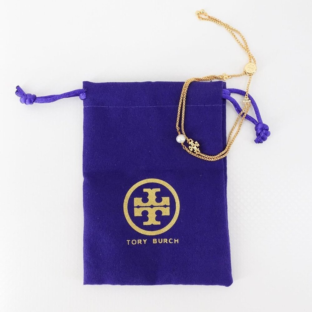 Tory Burch Logo Pearl Slider Adjustable Bracelet Gold OS - Picture 3 of 12